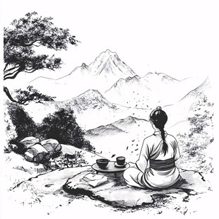 一人独坐山间悠然品茶