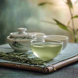 青瓷茶具盛着清新绿茶