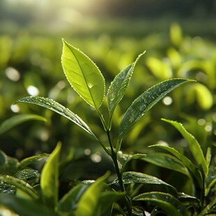 晨露中的嫩绿茶叶新芽