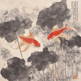 水墨荷塘双金鱼图