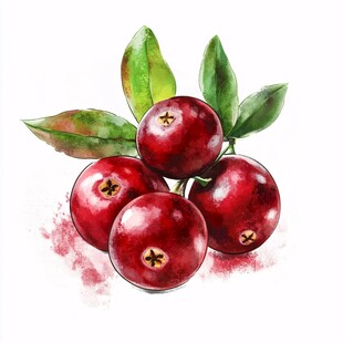 水彩画中的蔓越莓与绿叶