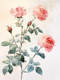 水彩绘粉色娇艳玫瑰花