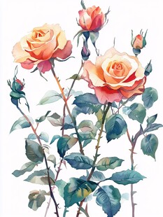 水彩绘橙色玫瑰花卉图