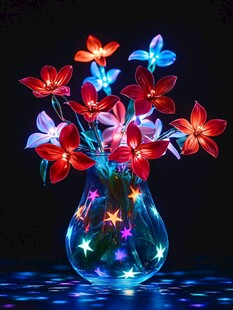 梦幻发光花瓶中的多彩花朵