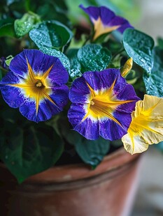 蓝黄牵牛花盆栽特写