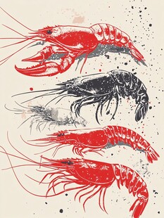 手绘风格的多彩鲜虾插画