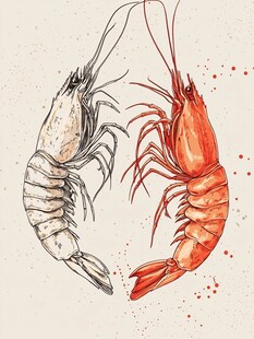 两只虾的手绘艺术插画