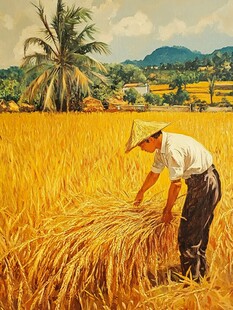 农民田间收割金黄稻谷