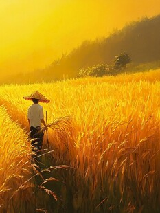 稻田中戴斗笠的劳作身影