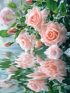 粉玫瑰倒映在碧波之上