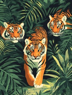 丛林中漫步的三只斑斓猛虎