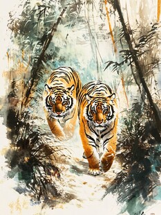 双虎漫步于竹林间