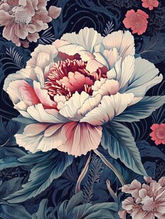 华丽牡丹花卉复古风插画