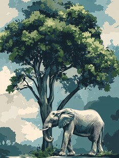 大象倚树的自然静谧场景