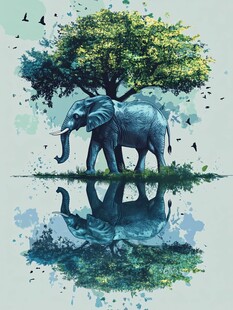 大象树下漫步的梦幻水彩画