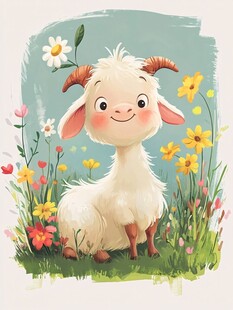 花丛中的可爱小山羊