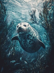 海豹在海藻间的水中遨游
