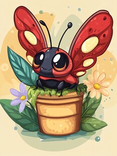 花盆上的可爱蝴蝶插画