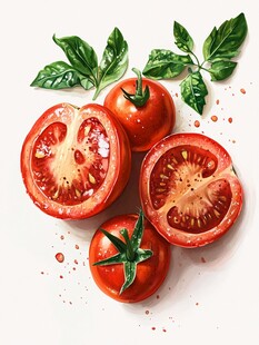 新鲜番茄与罗勒叶的组合