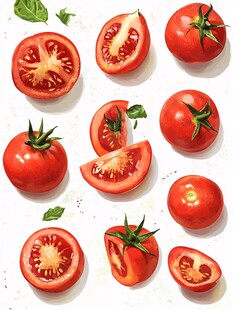 新鲜番茄与绿叶的视觉盛宴