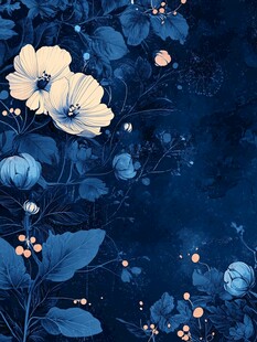 夜蓝花卉梦幻插画图案