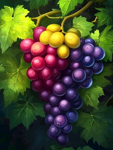 多彩葡萄挂于翠绿藤蔓间