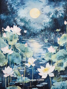 月夜荷塘荷花静谧之景