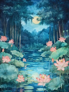 月夜荷塘的静谧森林美景