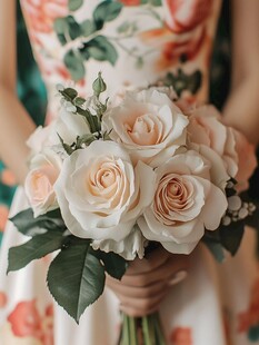 手持淡粉玫瑰的花卉美姿