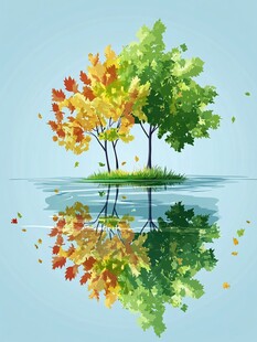 秋树映水的静谧美景