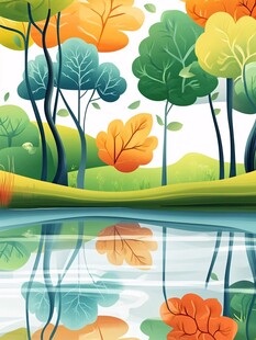 秋日湖畔多彩树林风景