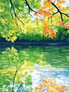 秋日湖畔斑斓树影风光