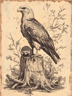 鹰立于树桩的复古插画