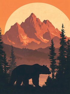 夕阳下的熊与山林美景