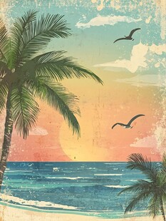 复古风海边日落椰林美景