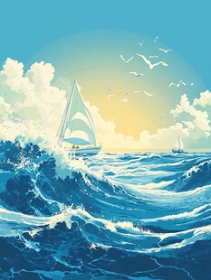海上帆船迎浪飞鸟美景