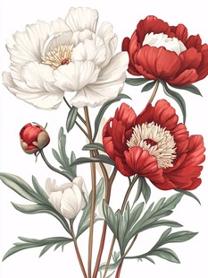 红白芍药插画花卉图