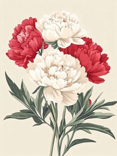 红白芍药插画花卉图案