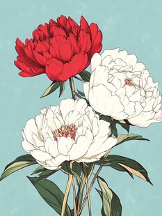 红白芍药插画花卉图