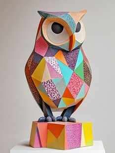 彩色几何拼接猫头鹰雕塑