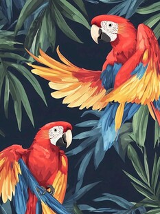 双鹦鹉于热带植物间展翅