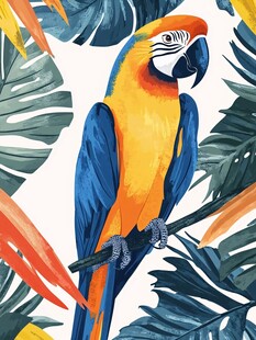 色彩斑斓鹦鹉栖息热带叶间