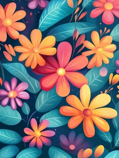 多彩花卉与绿叶插画图案