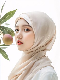 头戴头巾的优雅女性与果枝