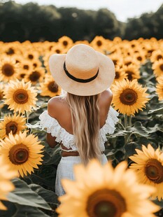 女子置身向日葵花海背影