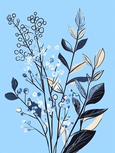 蓝色手绘花卉植物插画