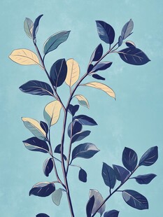 蓝底枝叶插画