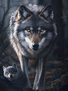 森林中母子狼的坚毅身影