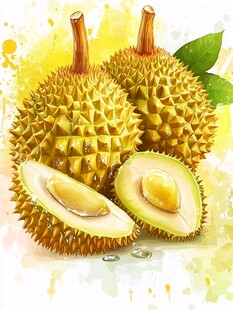 水彩画中的新鲜榴莲果实
