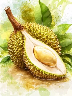 水彩绘 剥开的香甜榴莲